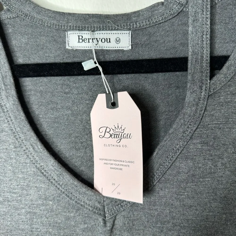 NWT Berryou Gray Cold-Shoulder Long Sleeve Front Tie Hem Knit Mini Dress Medium - Picture 5 of 12